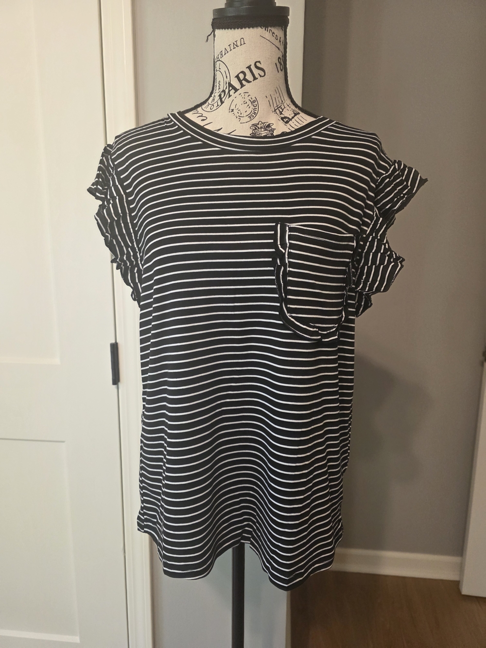 Black & White Stripe Ruffle Sleeve Pocket Top